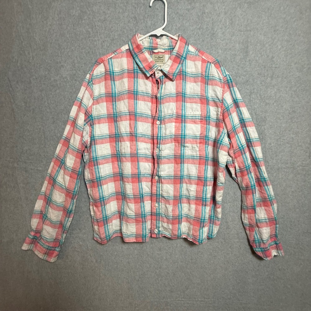 L.L. Bean Women XL Pink Teal Plaid 100% Linen Button Down Shirt 501964